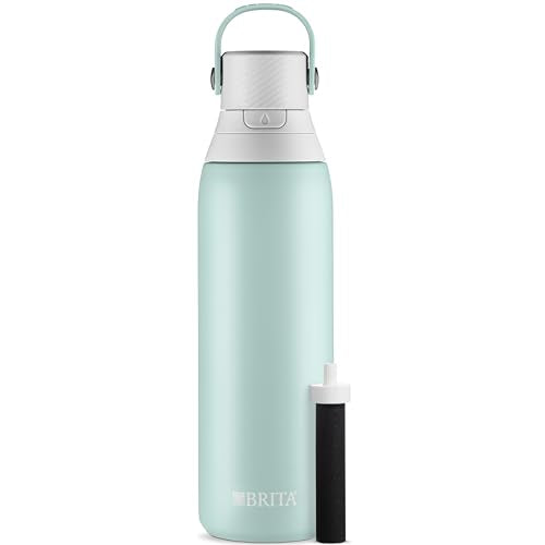 Brita Stainless Steel Premium Filtering Water Bottle, BPA-Free, Reusable, Insulated, Replaces 300 Plastic Water Bottles, Filter Lasts 2 Months or 40 Gallons, Includes 1 Filter, Glacier - 20 oz.