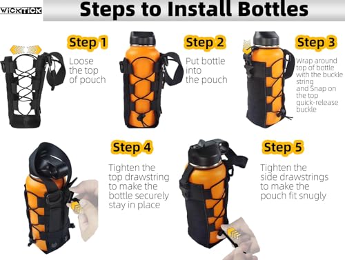 WICKTICK Molle Water Bottle Holder Pouch 16 24 32 40 64 oz - Multi-Purpose Tactical Fuel Bottle Bag, Adjustable Size for Outdoor Activities, Adapted to Backpack/Vest/Belt (Black, Classic)