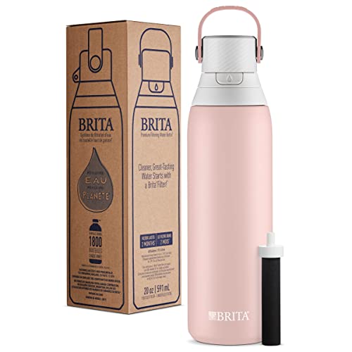 Brita Stainless Steel Premium Filtering Water Bottle, BPA-Free, Reusable, Insulated, Replaces 300 Plastic Water Bottles, Filter Lasts 2 Months or 40 Gallons, Includes 1 Filter, Rose - 20 oz.