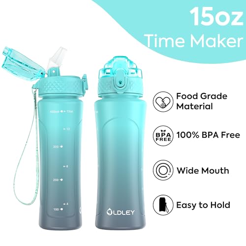 OLDLEY Kids Water Bottle for School with Straw Chug Lid, 15 oz Unbreakable Leak-Proof BPA-Free Motivational Water Bottles with Time Marker for Travel Sports Gym, 2 Lids,Rose-Red Green
