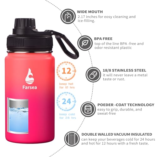 Farsea Insulated Water Bottle With Paracord Handle, Protective Boot and 2 Lids (Straw Lid & Spout Lid), Stainless Steel Water Bottle Wide Mouth, Double Wall Sweat-Proof BPA-Free, 18 oz