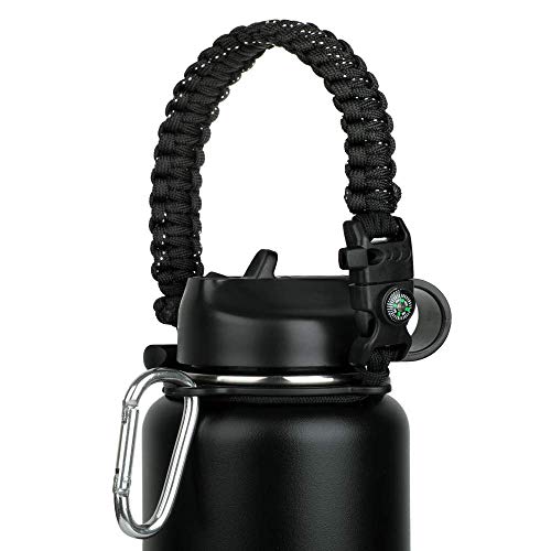 Paracord Handle - Fits Wide Mouth Bottles 12oz to 64oz - Durable Carrier, Paracord Carrier Strap Cord with Safety Ring,Compass and Carabiner - Ideal Water Bottle Handle Strap (Rainbow)