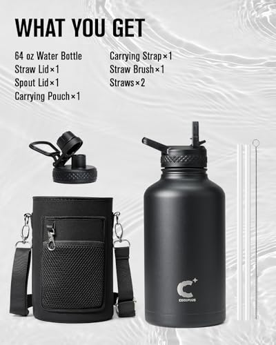 Half Gallon Water Bottle Insulated, Coolplus 64 oz Stainless Steel Water Jug With Straw Metal Double-Walled Vacuum Large Flask With Carry Sleeve Leakproof, Keep Cold 48 Hrs Hot 24hrs, Black