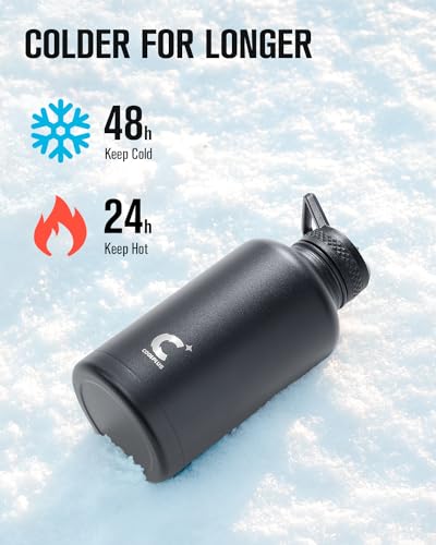 Half Gallon Water Bottle Insulated, Coolplus 64 oz Stainless Steel Water Jug With Straw Metal Double-Walled Vacuum Large Flask With Carry Sleeve Leakproof, Keep Cold 48 Hrs Hot 24hrs, Black