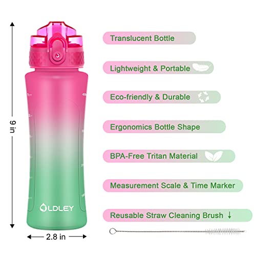 OLDLEY Kids Water Bottle with Straw 15 oz BPA-Free Leak-Proof Motivational Water Bottles with Time Marker for School Sports Travel Gym, Easy to Use for Girls Goys, 1 Straw Lid, Rose-Red Green