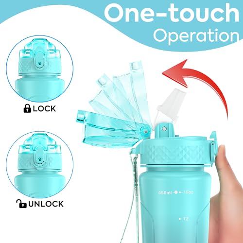 OLDLEY Kids Water Bottle for School with Straw Chug Lid, 15 oz Unbreakable Leak-Proof BPA-Free Motivational Water Bottles with Time Marker for Travel Sports Gym, 2 Lids,Rose-Red Green