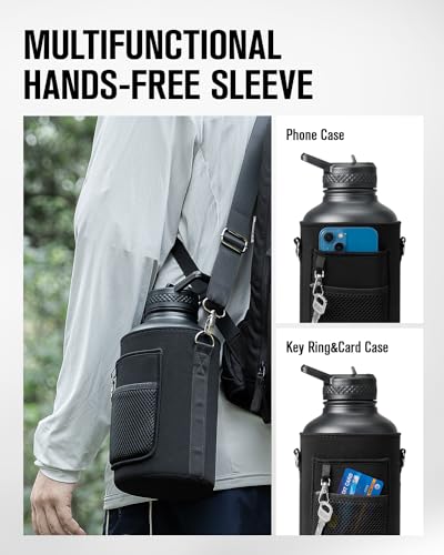 Half Gallon Water Bottle Insulated, Coolplus 64 oz Stainless Steel Water Jug With Straw Metal Double-Walled Vacuum Large Flask With Carry Sleeve Leakproof, Keep Cold 48 Hrs Hot 24hrs, Black