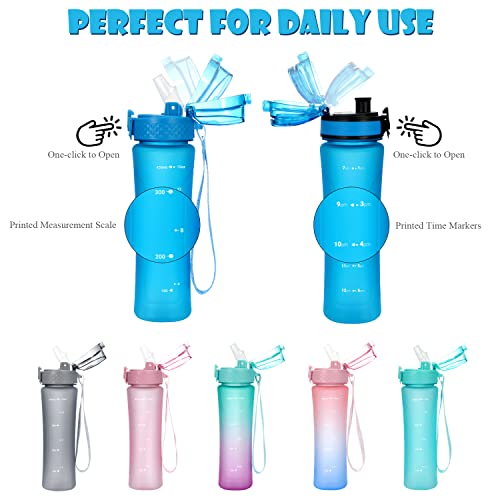 OLDLEY Kids Water Bottle for School with Straw Chug Lid, 15 oz Unbreakable Leak-Proof BPA-Free Motivational Water Bottles with Time Marker for Travel Sports Gym, 2 Lids, Blue