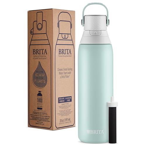 Brita Stainless Steel Premium Filtering Water Bottle, BPA-Free, Reusable, Insulated, Replaces 300 Plastic Water Bottles, Filter Lasts 2 Months or 40 Gallons, Includes 1 Filter, Glacier - 20 oz.
