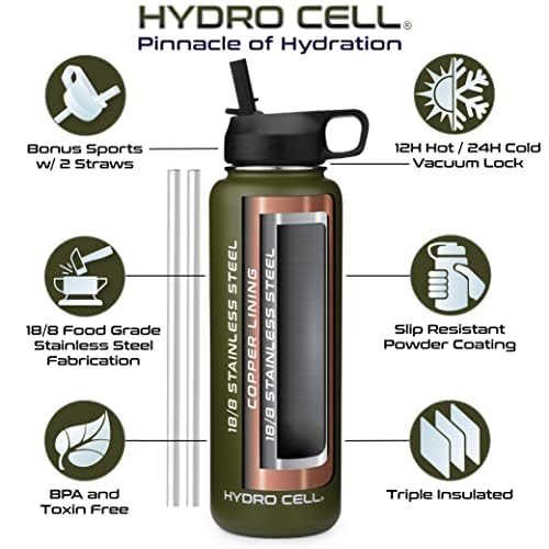 HYDRO CELL Stainless Steel Insulated Water Bottle with Straw - For Cold & Hot Drinks - Metal Vacuum Flask with Screw Cap and Modern Leakproof Sport Thermos for Kids & Adults (Army 40oz)