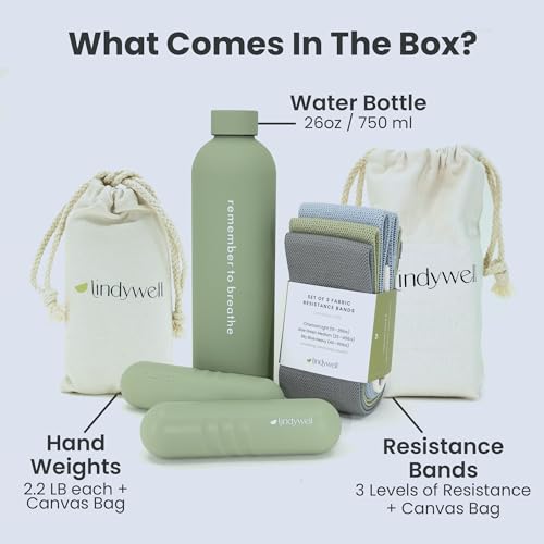 Lindywell Home Pilates Equipment -3 Colors Fabric Resistance Bands, Insulated Stainless Steel Water Bottle, 2LB Hand Weights - Complete Women & Men Exercise Workout Kit for Training & Hydration