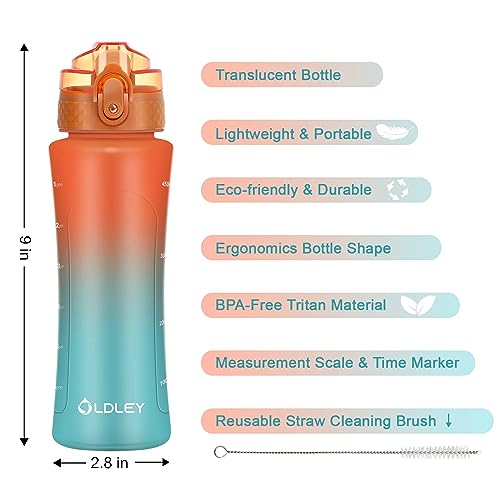 OLDLEY Kids Water Bottle with Straw 15 oz Motivational Water Bottles with Time Marker for School Travel, Spill Proof Sports Water Bottle for Girls Boys,1 Straw Lid,Orange/Green