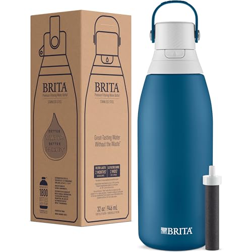 Brita Stainless Steel Premium Filtering Water Bottle, BPA-Free, Reusable, Insulated, Replaces 300 Plastic Water Bottles, Filter Lasts 2 Months or 40 Gallons, Includes 1 Filter, Marina - 32 oz.