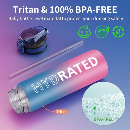 QLUR Water Bottle with Straw, 32 oz Motivational Water Bottles with Time Marker to Drink, Tritan BPA Free, 1L Sports Water Bottle with Carry Strap LeakProof for Women Gym Fitness Outdoor (1 Pack)