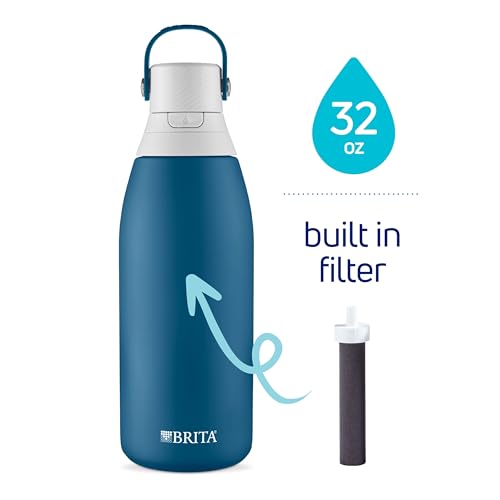 Brita Stainless Steel Premium Filtering Water Bottle, BPA-Free, Reusable, Insulated, Replaces 300 Plastic Water Bottles, Filter Lasts 2 Months or 40 Gallons, Includes 1 Filter, Marina - 32 oz.