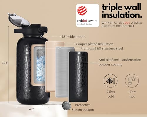 H2O Capsule Half Gallon Insulated Water Bottle With Straw - Stainless Steel Thermos Water Bottle With Sipping/Chugging Lid & Shoulder Strap For Storage - 64 oz Vacuum Flask, Hot Cold (Black Leopard)