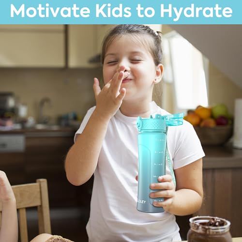 OLDLEY Kids Water Bottle for School with Straw Chug Lid, 15 oz Unbreakable Leak-Proof BPA-Free Motivational Water Bottles with Time Marker for Travel Sports Gym, 2 Lids,Rose-Red Green