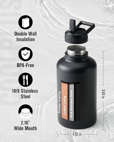 Half Gallon Water Bottle Insulated, Coolplus 64 oz Stainless Steel Water Jug With Straw Metal Double-Walled Vacuum Large Flask With Carry Sleeve Leakproof, Keep Cold 48 Hrs Hot 24hrs, Black