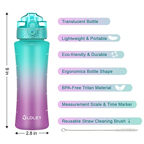 OLDLEY Kids Water Bottle with Straw 15 oz BPA-Free Leak-Proof Motivational Water Bottles with Time Marker for School Sports Travel Gym, Easy to Use for Girls Goys, 1 Straw Lid, Mint Purple