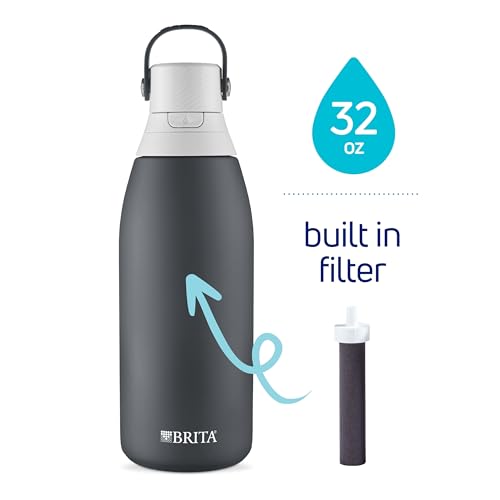 Brita Stainless Steel Premium Filtering Water Bottle, BPA-Free, Reusable, Insulated, Replaces 300 Plastic Water Bottles, Filter Lasts 2 Months or 40 Gallons, Includes 1 Filter, Carbon - 32 oz.