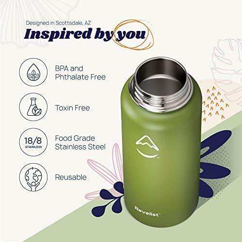 Revelist Sports Water Bottle - 32 Oz, 3 Lids (Straw Lid, Spout & Screw Top) with Boot, Vacuum Insulated Stainless Steel, Double Walled, Reusable Water Flask, Metal Canteen - Green & Black