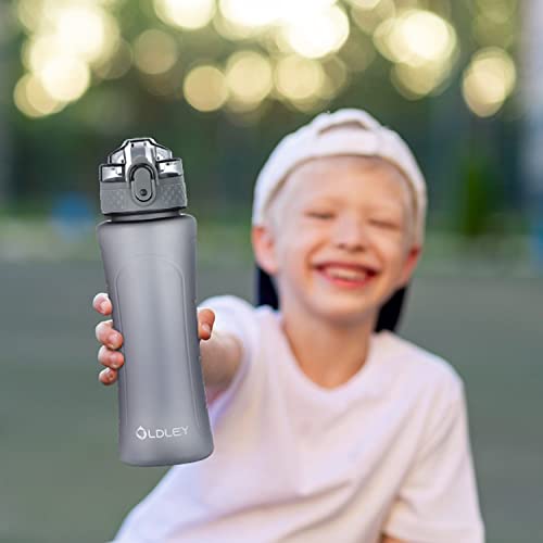 OLDLEY Kids Water Bottle with Straw 15 oz BPA-Free Leak-Proof Motivational Water Bottles with Time Marker for School Sports Travel Gym, Easy to Use for Girls Goys, 1 Straw Lid, Grey