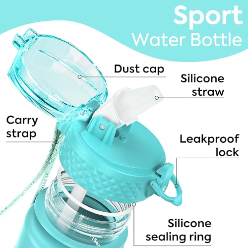 OLDLEY Kids Water Bottle for School with Straw Chug Lid, 15 oz Unbreakable Leak-Proof BPA-Free Motivational Water Bottles with Time Marker for Travel Sports Gym, 2 Lids,Rose-Red Green