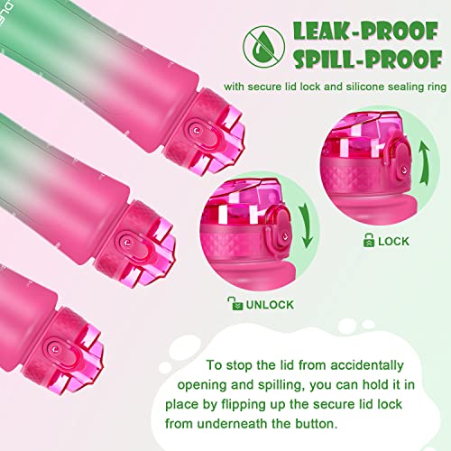 OLDLEY Kids Water Bottle with Straw 15 oz BPA-Free Leak-Proof Motivational Water Bottles with Time Marker for School Sports Travel Gym, Easy to Use for Girls Goys, 1 Straw Lid, Rose-Red Green