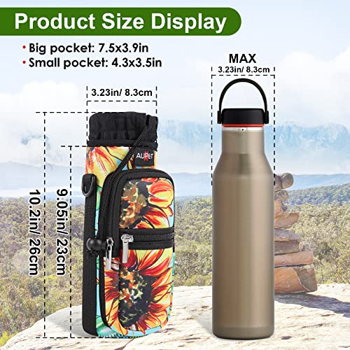 AUPET Water Bottle Sling Bag Sleeve Holder Carrier 25/32/40/64 oz,Insulated Crossbody Water Bottle Case Cover with Strap and Pockets for Men/Women Walking Hiking Camping (32oz, purple flower)
