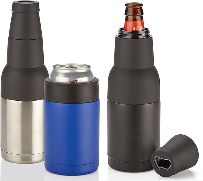 3 in 1 Beer Bottle and Can Cooler, Vacuum Insulated Double Walled Stainless Steel Cooler with Beer Opener, 12 oz Slim Can Insulator Holder (Rose red)