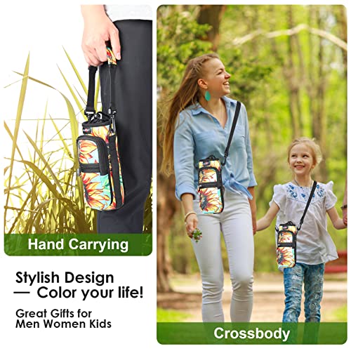 AUPET Water Bottle Sling Bag Sleeve Holder Carrier 25/32/40/64 oz,Insulated Crossbody Water Bottle Case Cover with Strap and Pockets for Men/Women Walking Hiking Camping (32oz, purple flower)