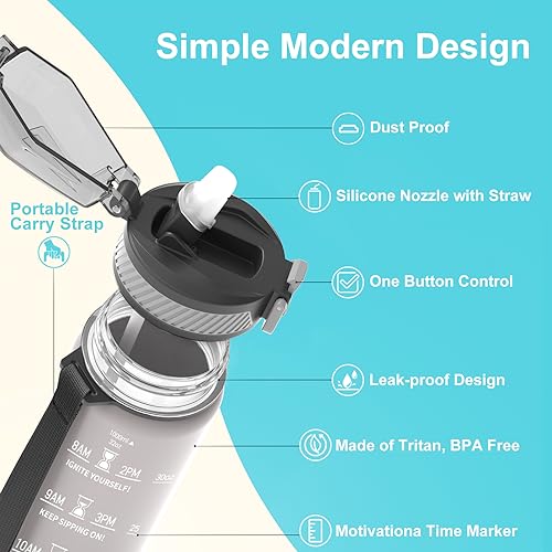 QLUR Water Bottle with Straw, 27 oz Motivational Water Bottles with Time Marker to Drink, Tritan BPA Free, 800ml Sports Water Bottle with Carry Strap LeakProof for School Fitness Outdoor (1Pack)