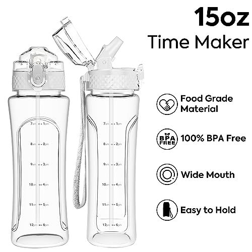 OLDLEY Kids Water Bottle with Straw 15 oz BPA-Free Leak-Proof Motivational Water Bottles with Time Marker for School Sports Travel Gym, Easy to Use for Girls Goys, 1 Straw Lid, Transparent