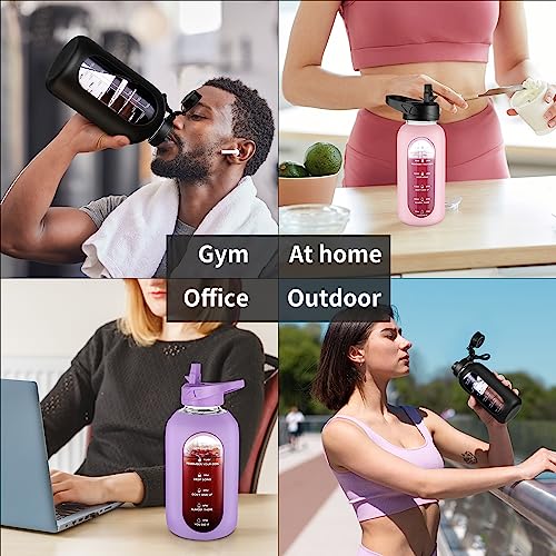 CIVAGO 40 oz Glass Water Bottle with Straw and Handle, Large Sports Motivational Water Bottle Flask with Time Marker and 2 Lids, Leakproof Water Jug Canteen with Silicone Sleeve for Gym,Red