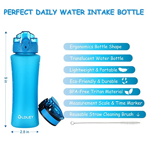 OLDLEY Kids Water Bottle for School with Straw Chug Lid, 15 oz Unbreakable Leak-Proof BPA-Free Motivational Water Bottles with Time Marker for Travel Sports Gym, 2 Lids, Blue