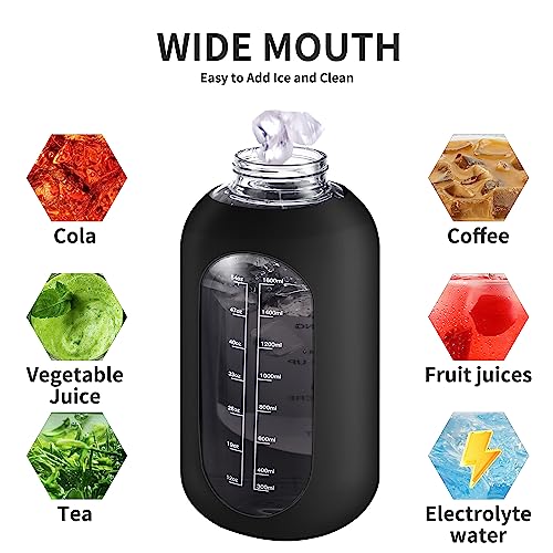 CIVAGO 40 oz Glass Water Bottle with Straw and Handle, Large Sports Motivational Water Bottle Flask with Time Marker and 2 Lids, Leakproof Water Jug Canteen with Silicone Sleeve for Gym,Red