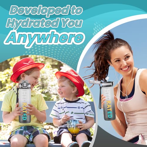 QLUR Water Bottle with Straw, 27 oz Motivational Water Bottles with Time Marker to Drink, Tritan BPA Free, 800ml Sports Water Bottle with Carry Strap LeakProof for School Fitness Outdoor (1Pack)
