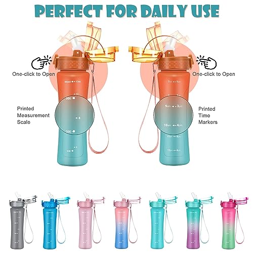 OLDLEY Kids Water Bottle with Straw 15 oz Motivational Water Bottles with Time Marker for School Travel, Spill Proof Sports Water Bottle for Girls Boys,1 Straw Lid,Orange/Green