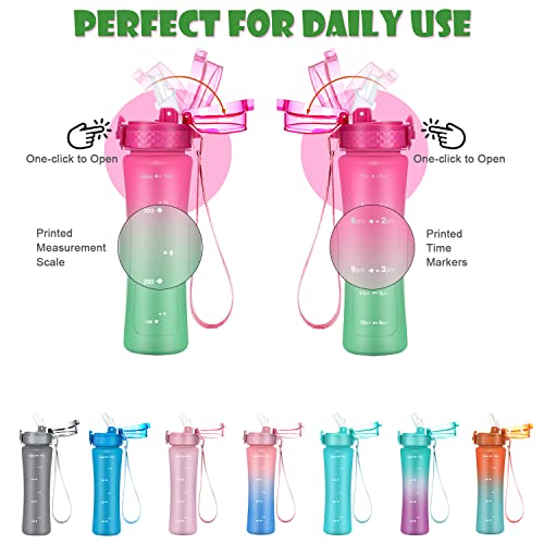 OLDLEY Kids Water Bottle with Straw 15 oz BPA-Free Leak-Proof Motivational Water Bottles with Time Marker for School Sports Travel Gym, Easy to Use for Girls Goys, 1 Straw Lid, Rose-Red Green