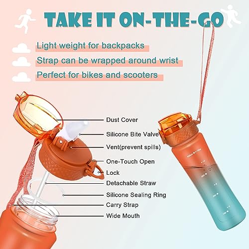 OLDLEY Kids Water Bottle with Straw 15 oz Motivational Water Bottles with Time Marker for School Travel, Spill Proof Sports Water Bottle for Girls Boys,1 Straw Lid,Orange/Green