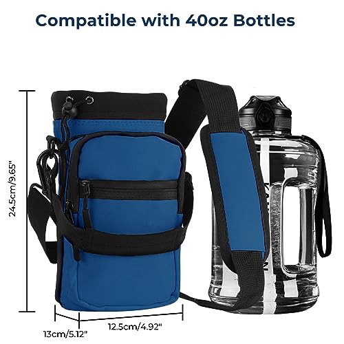 Nuovoware Water Bottle Carrier, 40oz Bottle Carrier Sports Water Bottle Holder with Adjustable Shoulder Strap, 2 Pockets Flask Sling Bag Drawstring Pouch for Climbing Hiking Walking, Blue