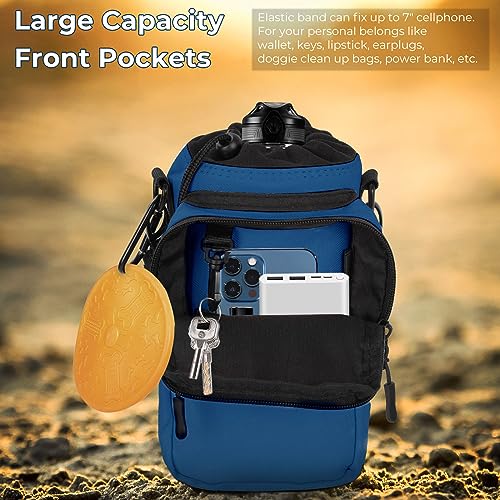 Nuovoware Water Bottle Carrier, 40oz Bottle Carrier Sports Water Bottle Holder with Adjustable Shoulder Strap, 2 Pockets Flask Sling Bag Drawstring Pouch for Climbing Hiking Walking, Blue