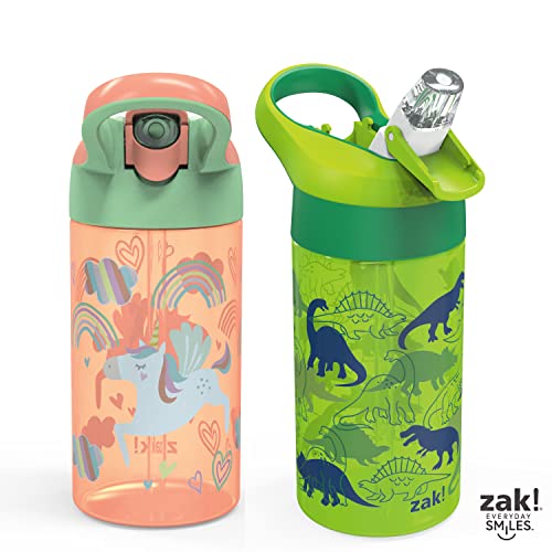 Zak Designs 16oz Riverside Kids Water Bottle with Spout Cover and Built-in Carrying Loop, Made of Durable Plastic, Leak-Proof Water Bottle Design for Travel (Unicorn & Dino Camo, Pack of 2)