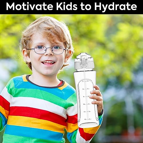 OLDLEY Kids Water Bottle with Straw 15 oz BPA-Free Leak-Proof Motivational Water Bottles with Time Marker for School Sports Travel Gym, Easy to Use for Girls Goys, 1 Straw Lid, Transparent