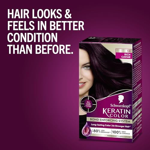 Schwarzkopf Keratin Color Permanent Hair Color, 1.9 Rich Caviar, 1 Application - Professionally Inspired Permanent Hair Dye, for up to 80% Less Breakage vs Untreated Hair and up to 100% Gray Coverage