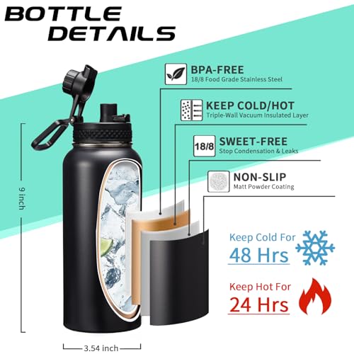 Half-gallon Insulated Water-Bottle with Straw - Stainless Steel Thermo Jug with Spout Straws Lids, Paracord Handle & Bottle Sleeve, 64OZ Vacuum Thermo Bottle for Outdoor Working Camping Trip