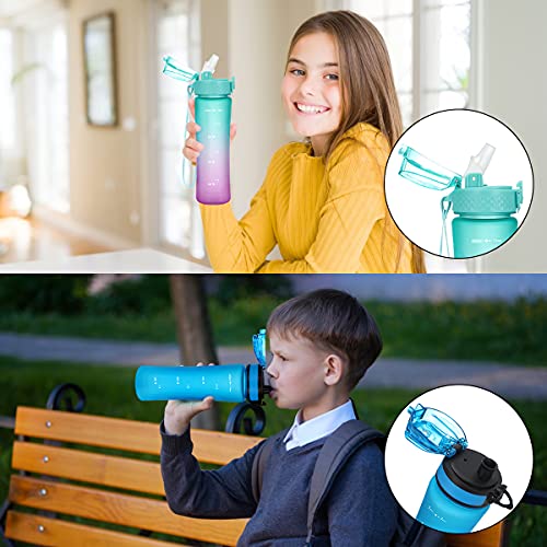 OLDLEY Kids Water Bottle for School with Straw Chug Lid, 15 oz Unbreakable Leak-Proof BPA-Free Motivational Water Bottles with Time Marker for Travel Sports Gym, 2 Lids, Blue