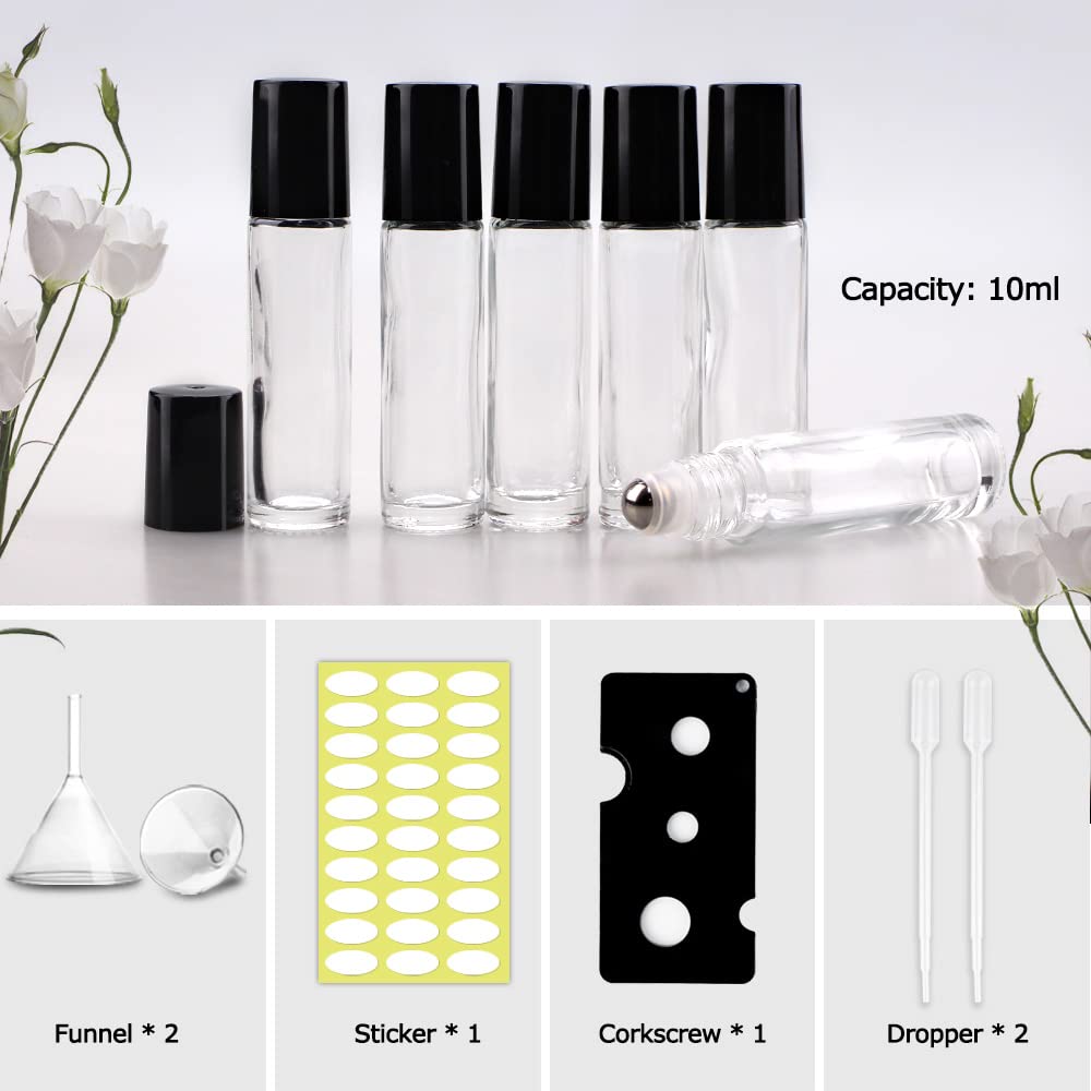 Sungwoo 12 Pack Essential Oil Bottles, 10ml Clear Glass Bottles with Stainless Steel Roller Balls and Caps for Travel, Perfume and Lip Gloss