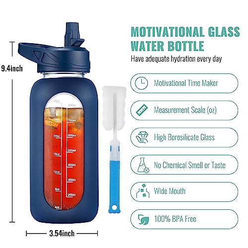 CIVAGO 40 oz Glass Water Bottle with Straw and Handle, Large Sports Motivational Water Bottle Flask with Time Marker and 2 Lids, Leakproof Water Jug Canteen with Silicone Sleeve for Gym,Red
