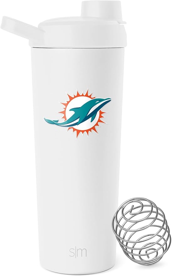 Simple Modern Officially Licensed NFL Miami Dolphins Stainless Steel Shaker Bottle with Ball 24oz | Metal Insulated Cup for Protein Mixes, Shakes and Pre Workout | Rally Collection | Miami Dolphins